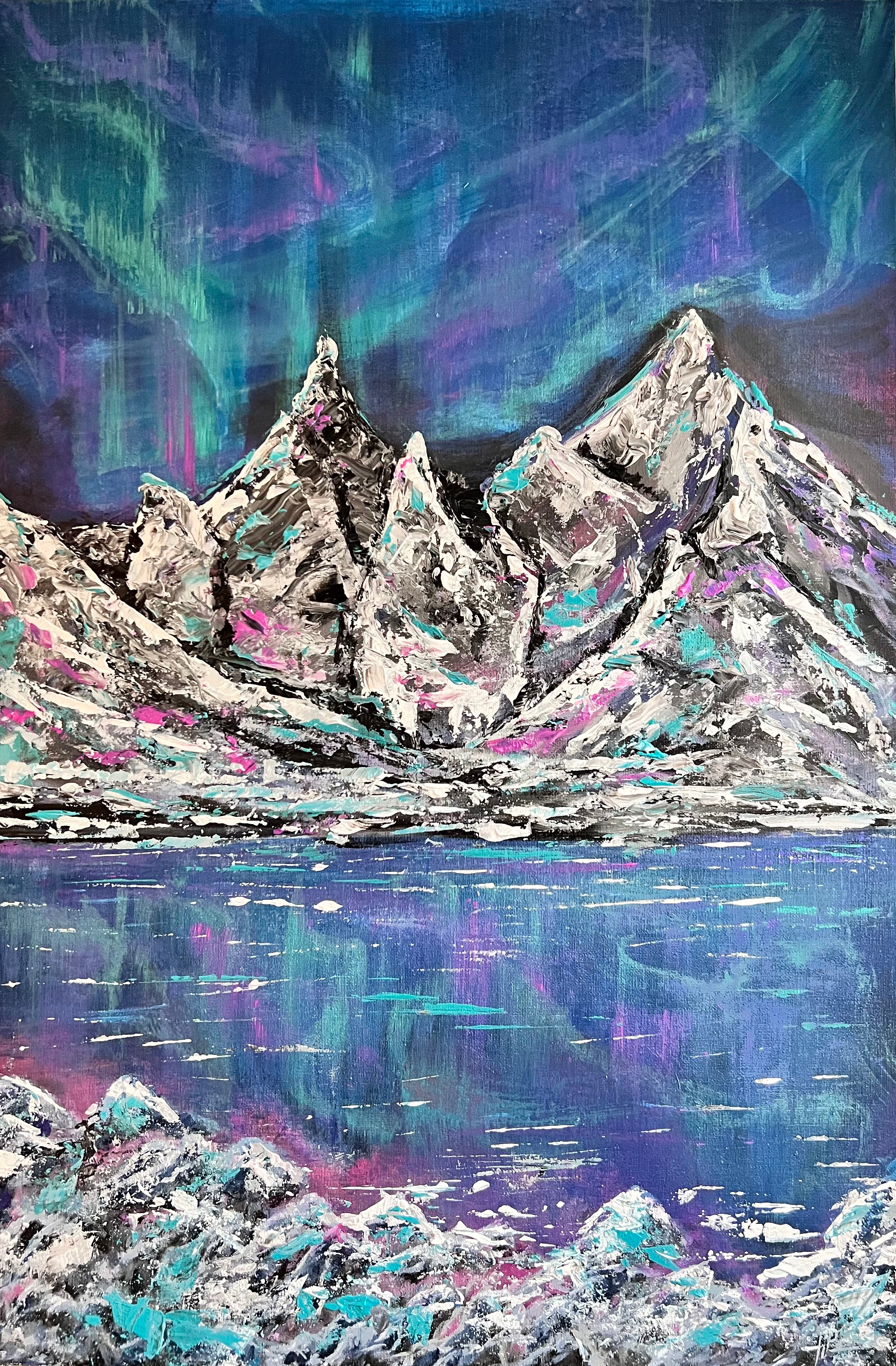 Abstract mountain landscape painting with water reflection in dark blue and neon accents