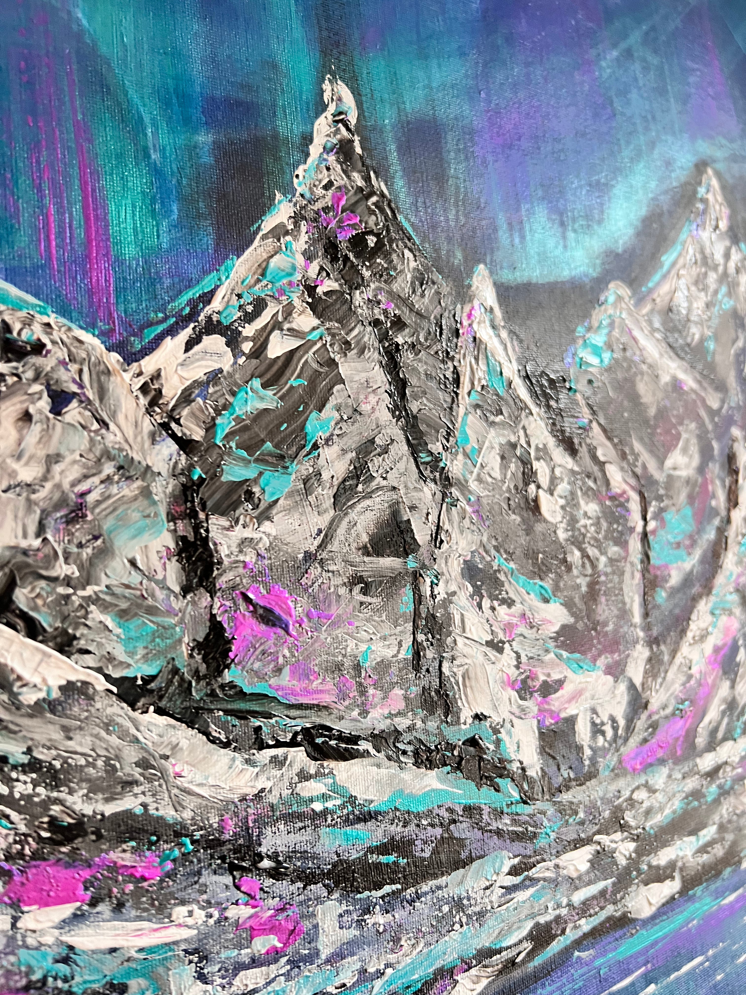 Abstract mountain landscape painting with gray peaks, teal and magenta brush strokes