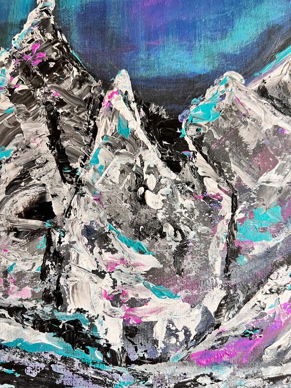 Abstract mountain landscape painting close-up with textured black and gray peaks