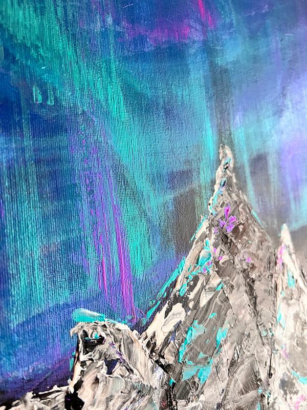 Abstract mountain landscape painting with tall gray peak and teal and magenta accents