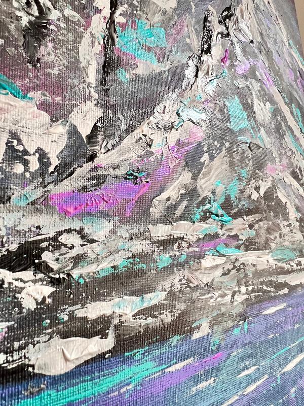 Abstract mountain landscape painting with textured brushstrokes in gray, turquoise, and purple