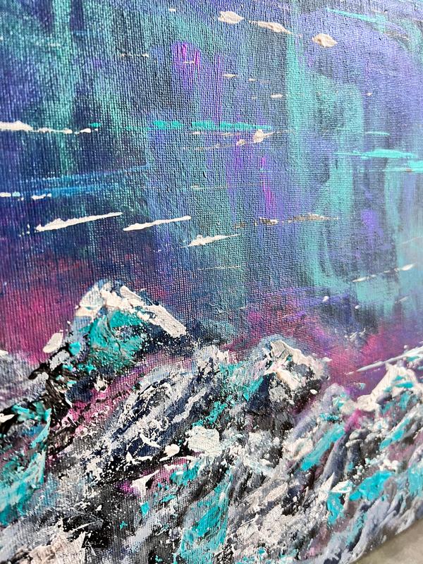 Abstract painting detail with layered blue, teal, and magenta brush lines and texture