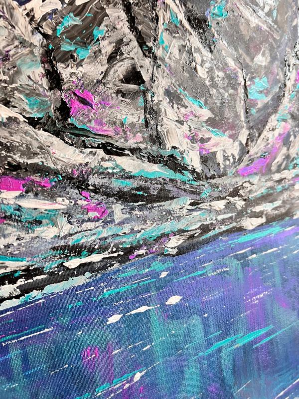 Abstract mountain landscape painting close-up of gray ridges with teal and pink highlights