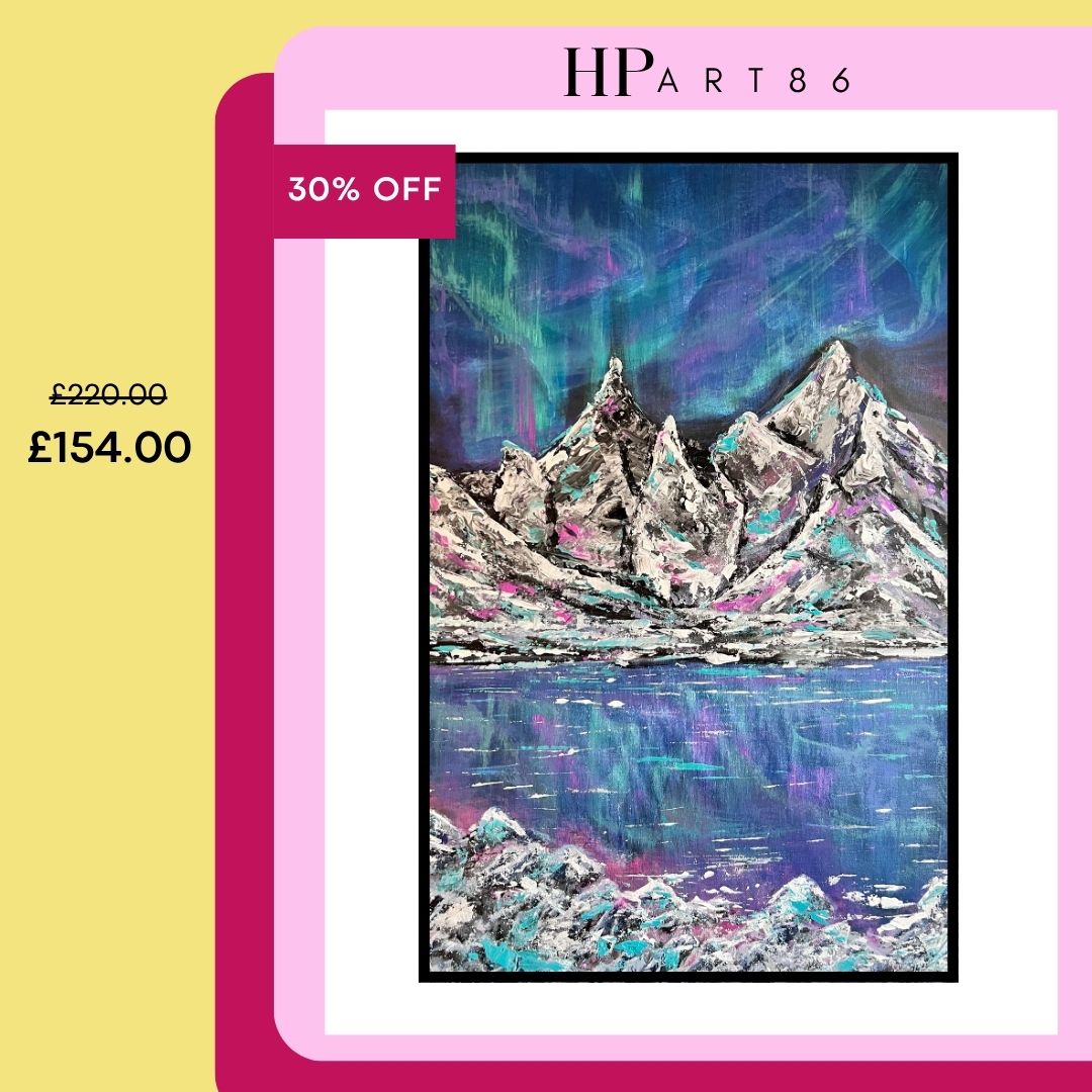 Framed abstract landscape print showing gray mountains with teal and magenta reflection