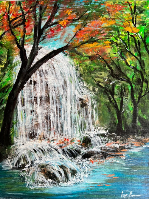 Close-up waterfall landscape canvas art with white falls and vivid orange-red leaves
