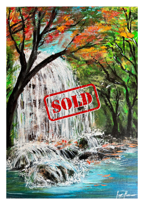 Waterfall landscape canvas art with autumn trees and red 'SOLD' stamp overlay