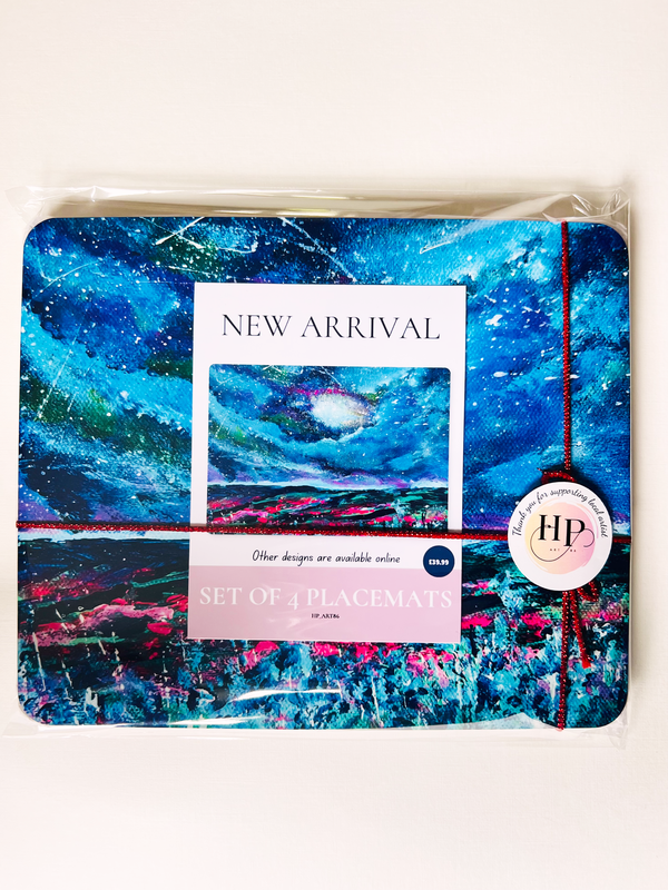 Packaged set of 4 wooden placemats with blue night-sky art print