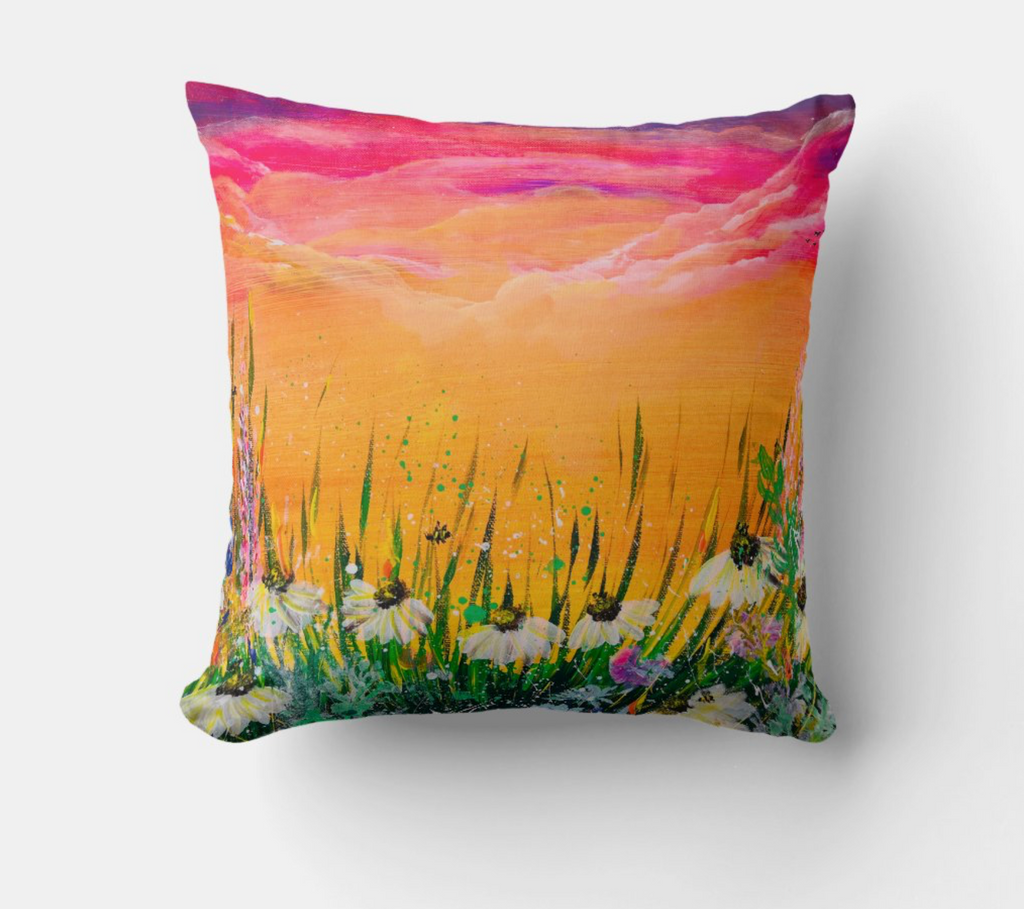 Decorative polyester cushion with sunset field landscape print, colorful grass and flowers