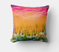 Decorative polyester cushion with sunset field landscape print, colorful grass and flowers