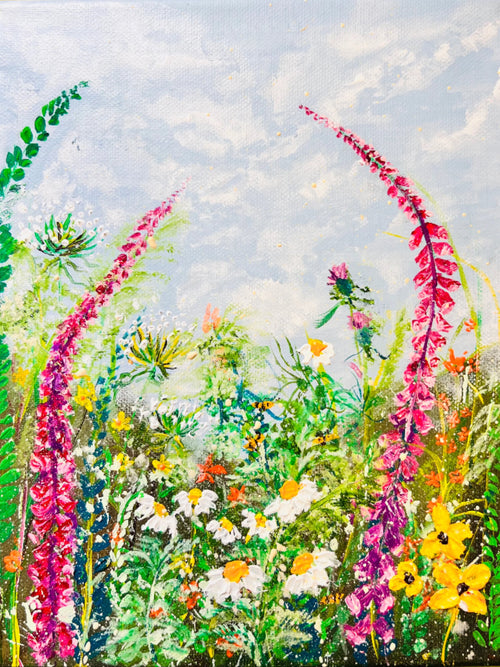 Colorful wildflower artwork print with bright purple pink stems and white daisy blooms
