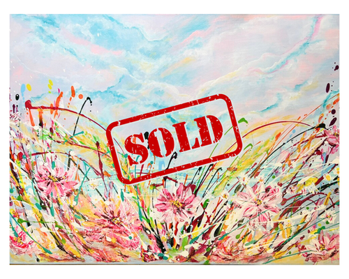 Abstract floral canvas painting with red SOLD stamp, pink blooms and colorful splatter lines