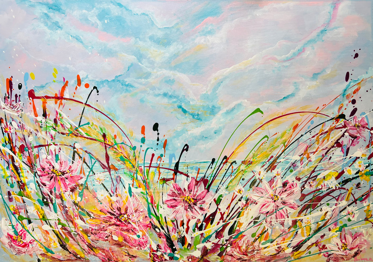 Abstract floral canvas painting with pink flowers, multicolor splatters, and flowing lines