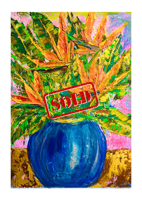 Botanical art print with blue vase and orange-green leaves, overlaid 'SOLD' marker
