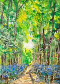 Forest landscape painting with tall tree trunks, a light path, and blue flower accents
