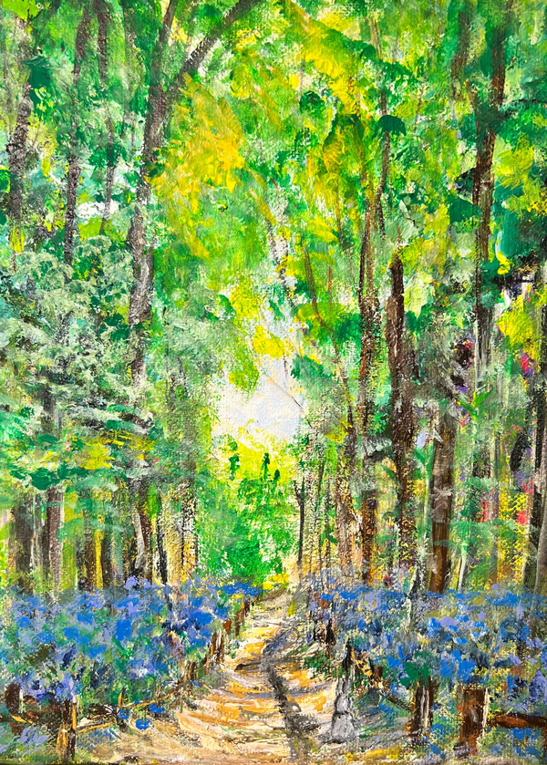 Forest landscape painting with tall tree trunks, a light path, and blue flower accents