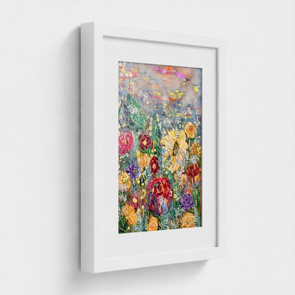 Colorful floral art print in a white frame with inner mat