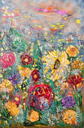 Close-up of colorful floral and animal-themed original artwork with vivid textured paint
