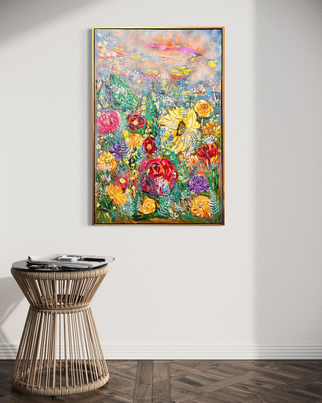 Colorful floral art print with ornate frame and white mat border