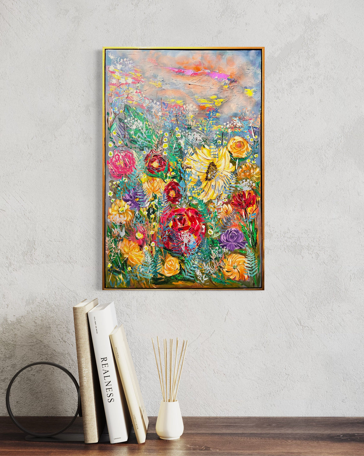 Colorful floral art print with thin blue border, no outer frame