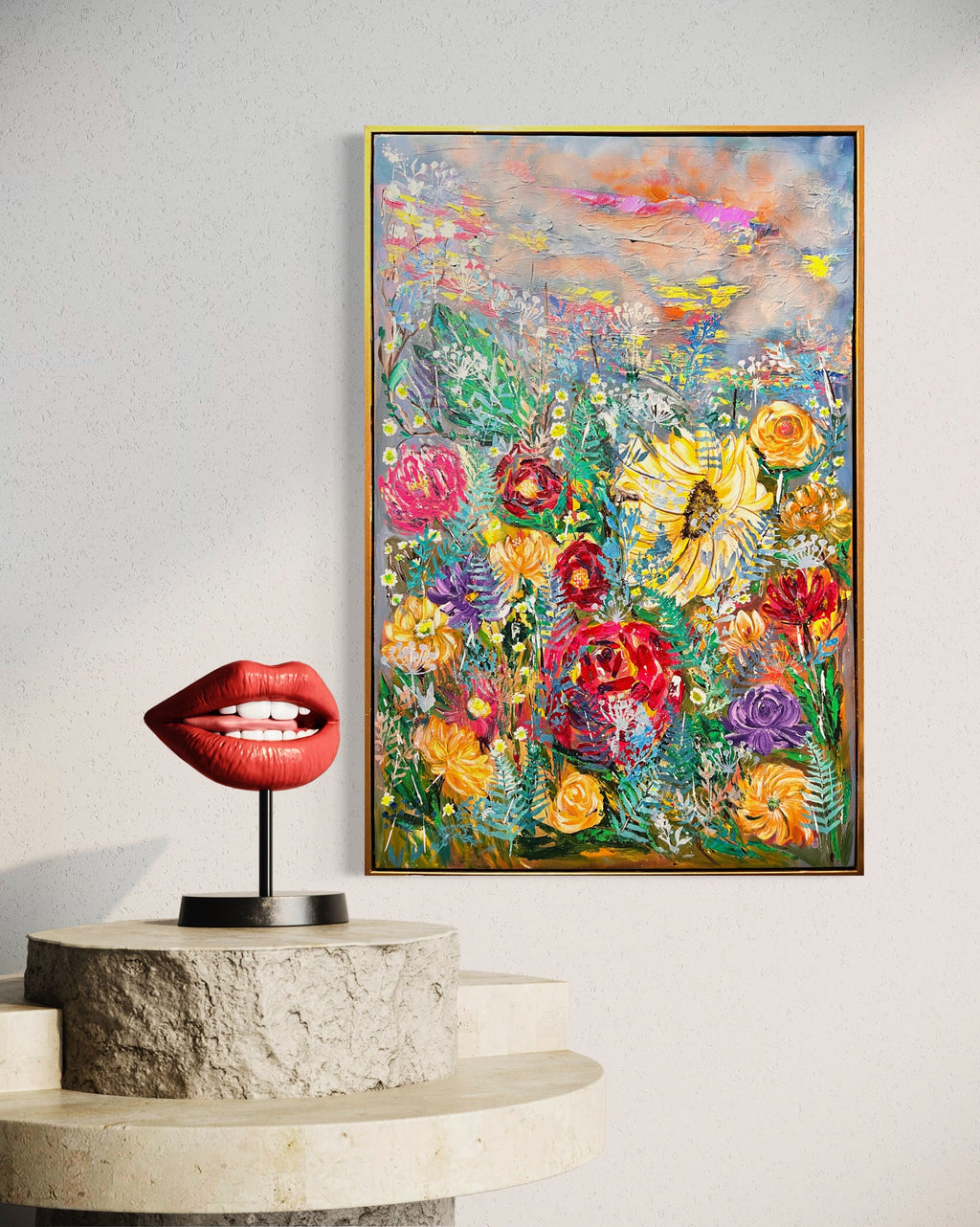 Colorful floral art print with thin blue border, no outer frame