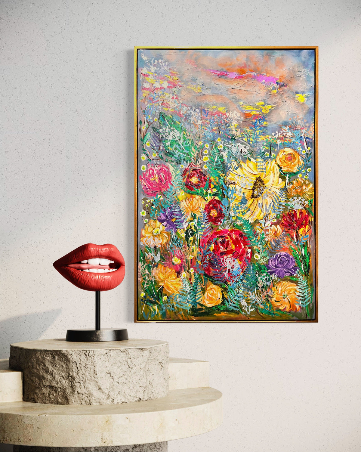 Colorful floral art print with thin blue border, no outer frame