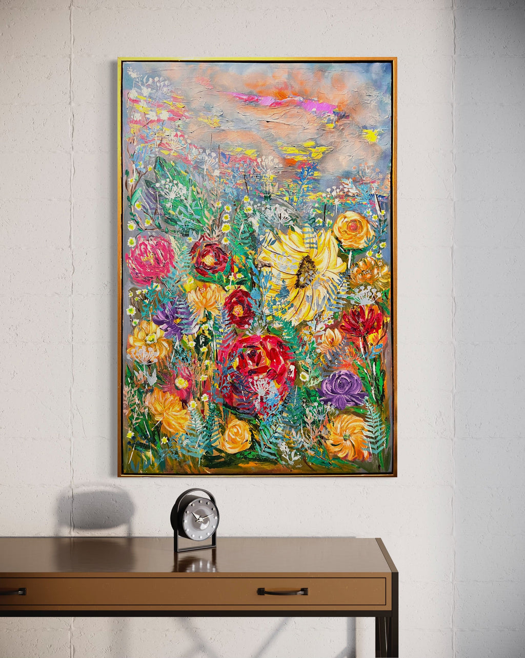 Colorful floral art print with thin blue border, no outer frame
