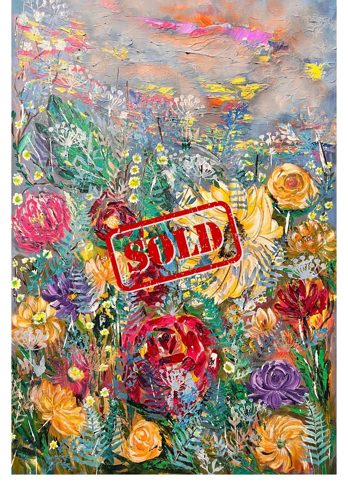 Framed colorful floral original artwork with red "SOLD" stamp across the center