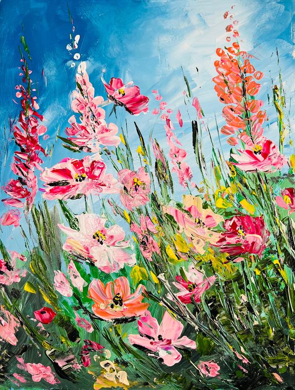 Floral art print with pink and orange flowers and green stems on a blue sky background