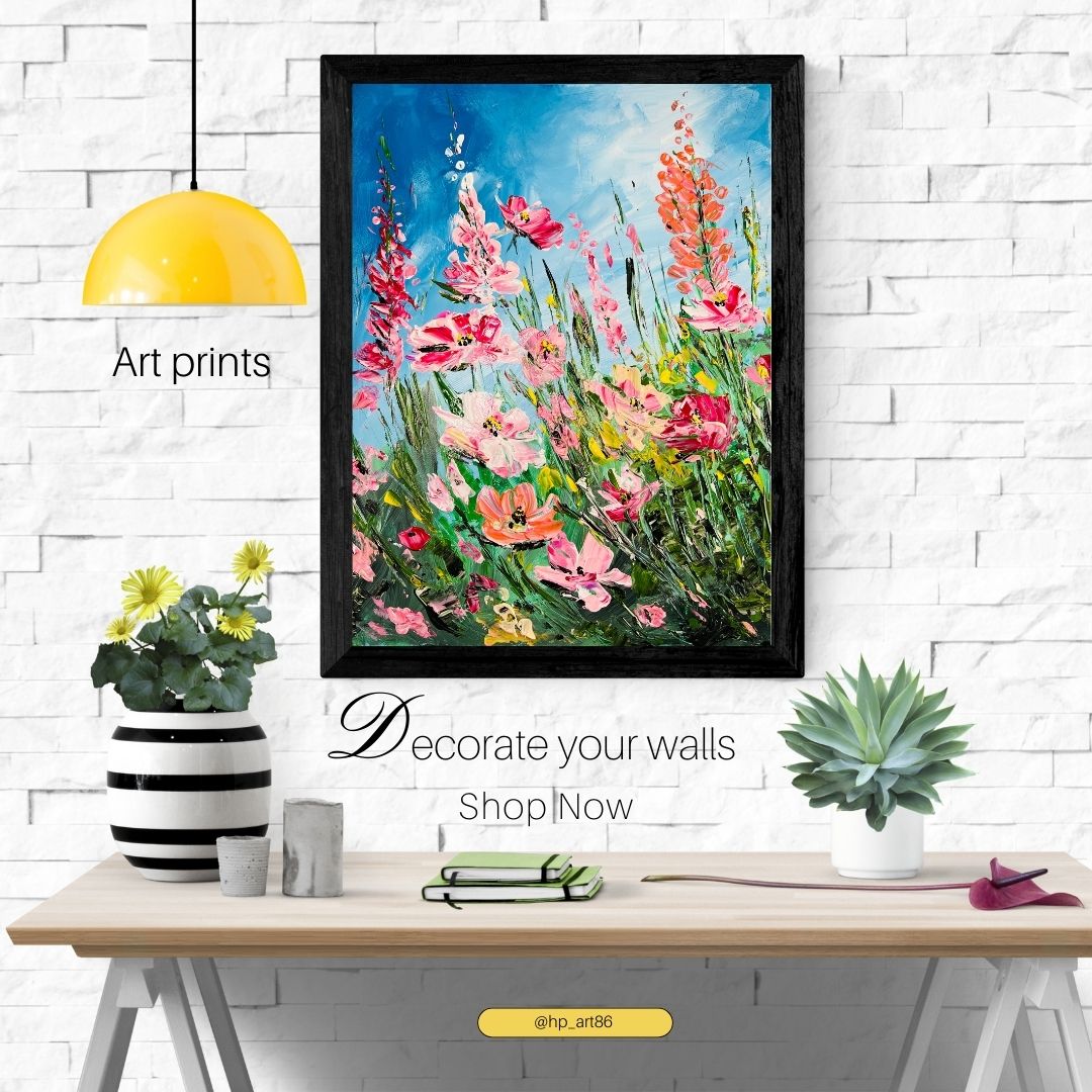 Framed floral art print with vivid pink flowers and green stems, shown in a black frame