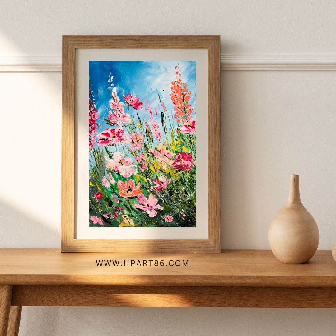 Framed floral art print with pink and orange blossoms and green foliage on blue sky