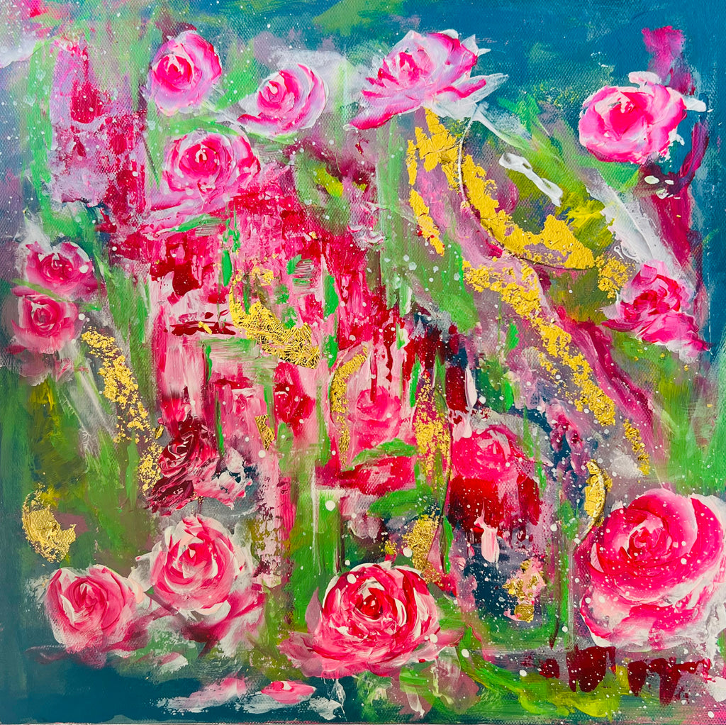 Framed textured floral painting with pink roses in vibrant green and blue tones