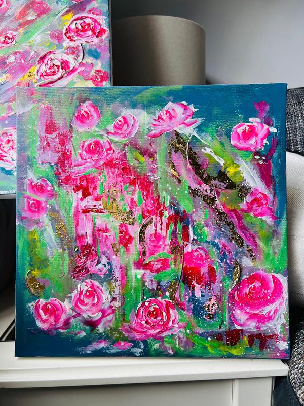 Framed pink rose floral artwork with painterly brushstrokes and textured details