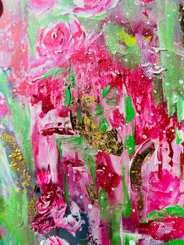 Textured close-up of a pink roses floral painting with colorful layered brushstrokes