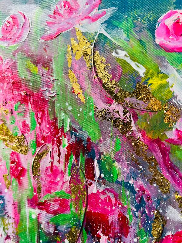 Textured floral painting detail with pink roses, gold accents, and green-blue paint tones