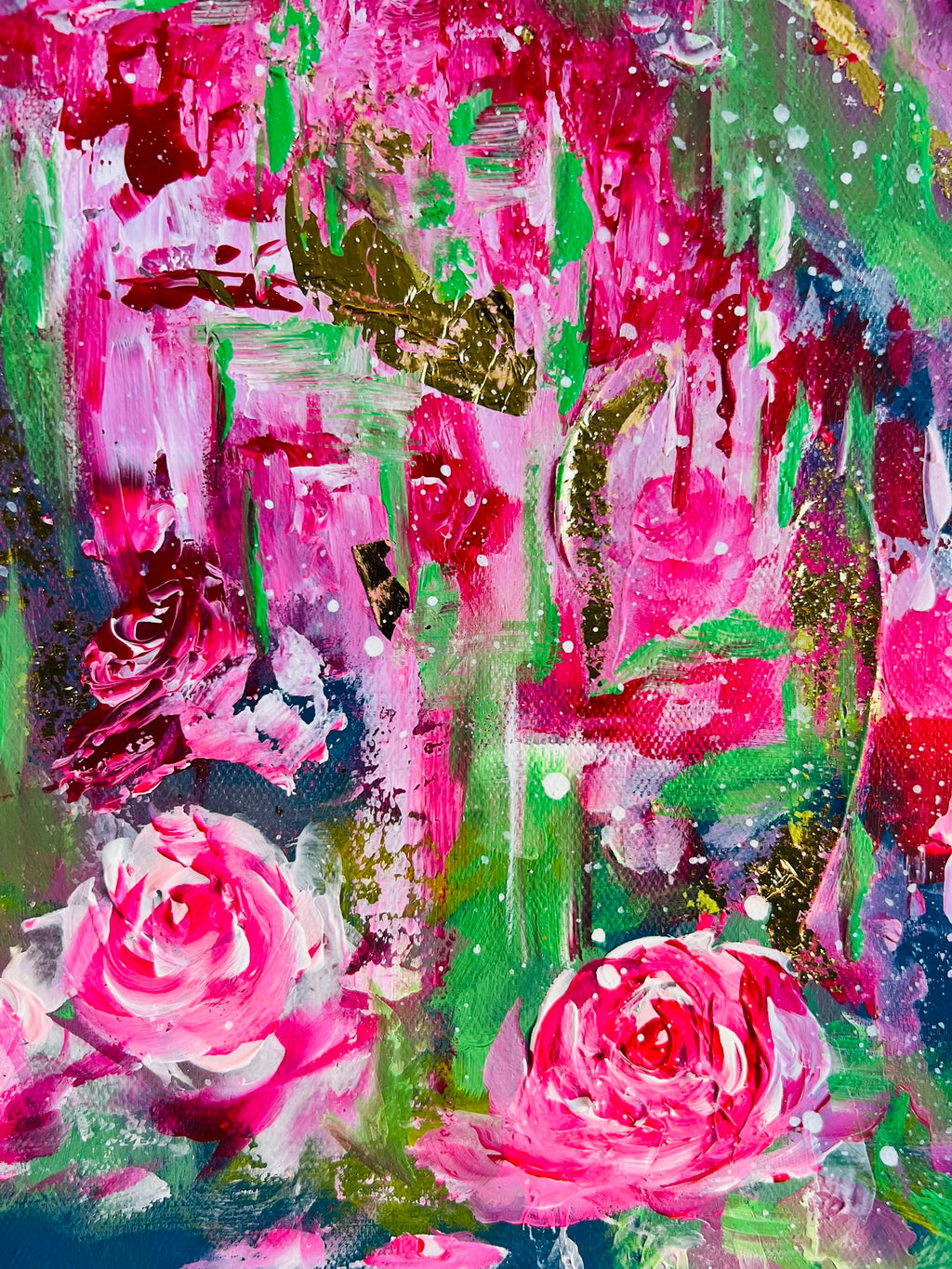Textured floral painting detail featuring pink roses with colorful paint splatters
