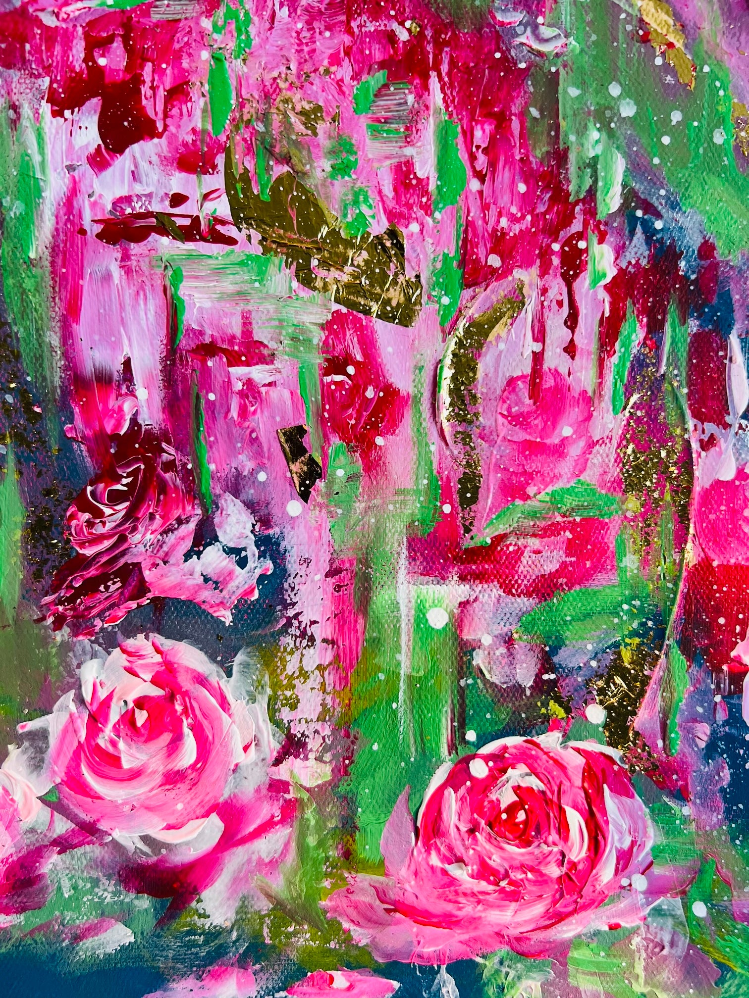 Textured floral painting detail featuring pink roses with colorful paint splatters