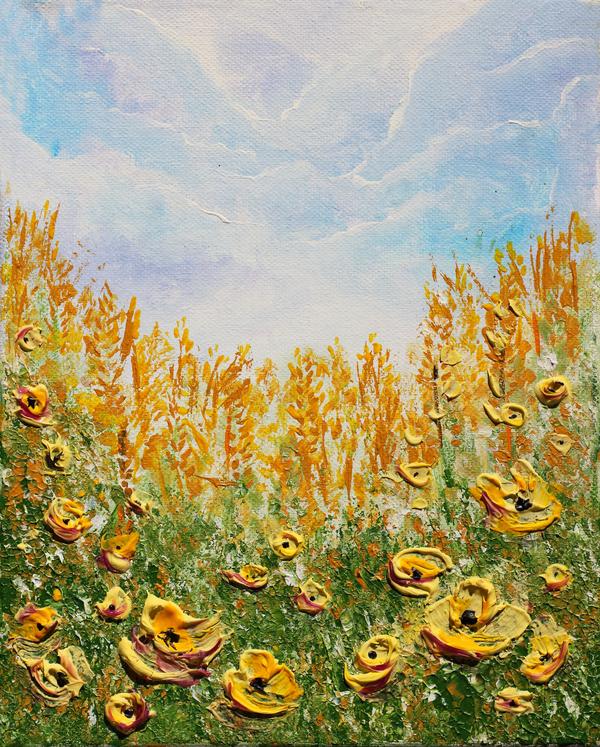 Textured wildflower field artwork with bright yellow blossoms and green foliage