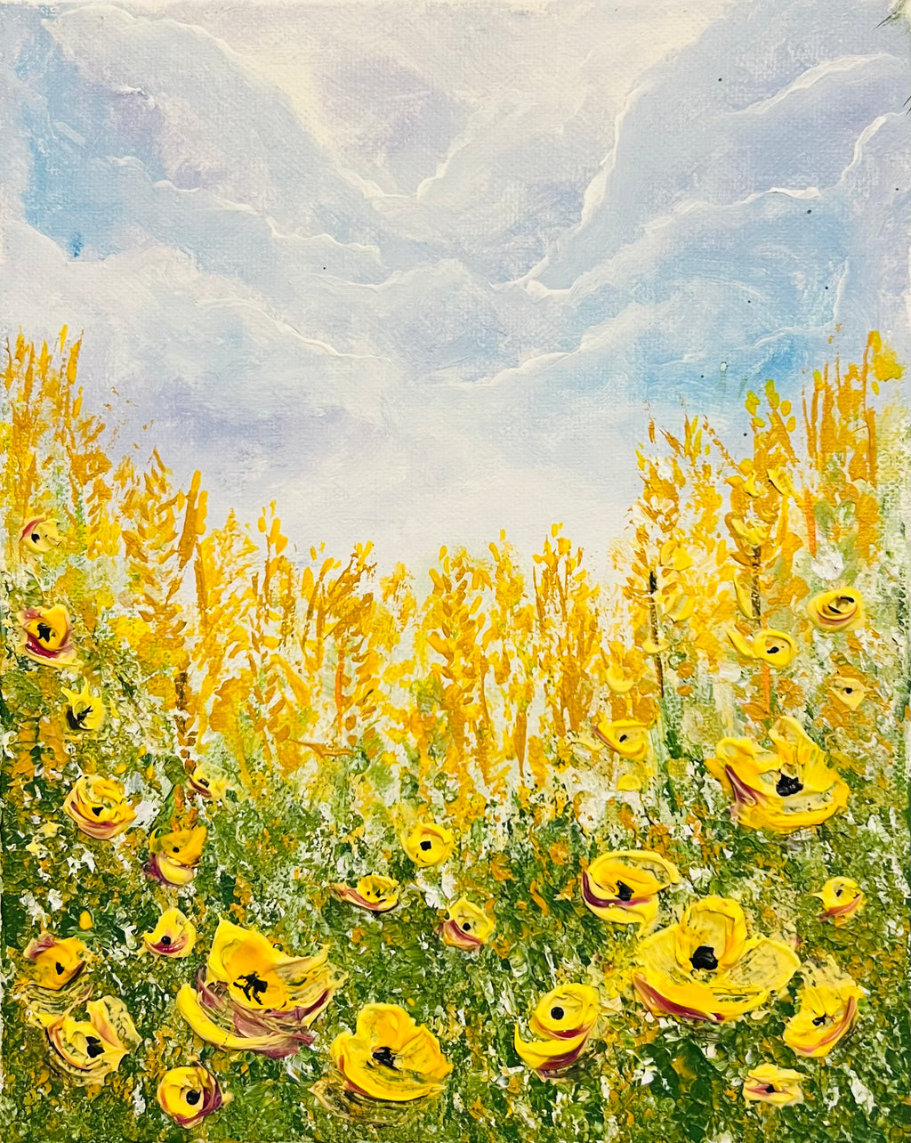 Close-up textured wildflower artwork with yellow flowers and green leaves