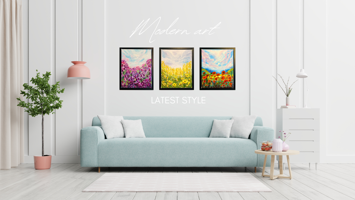 Framed textured wildflower artwork with yellow blossoms in a black frame