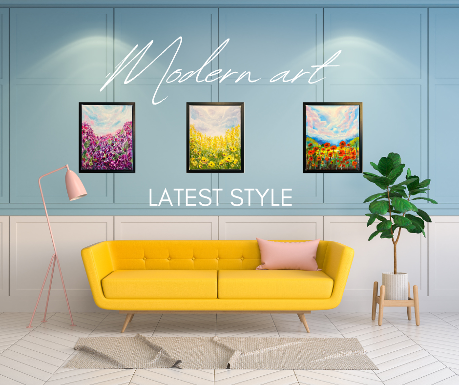 Framed textured wildflower artwork with yellow blossoms, black frame on wall