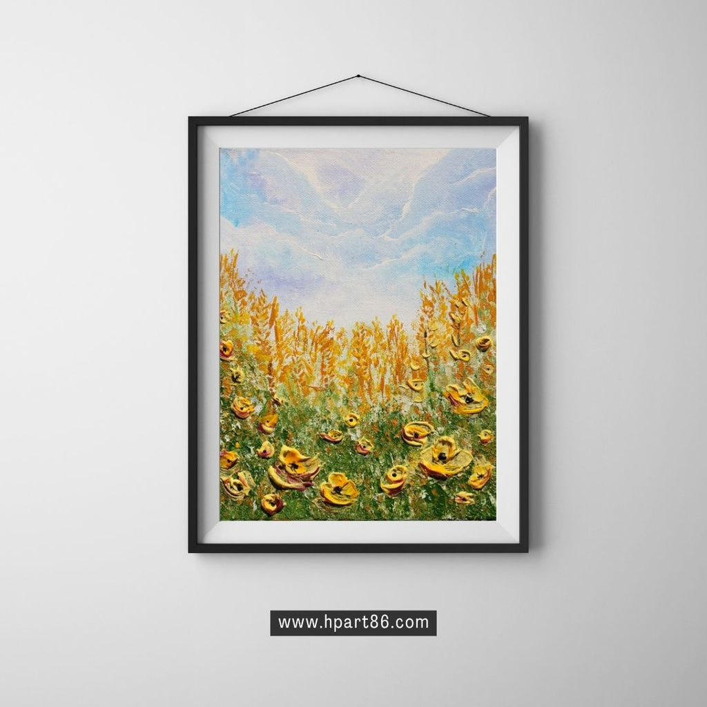 Framed 3D texture wildflower art print with blue sky and yellow blooms, black frame