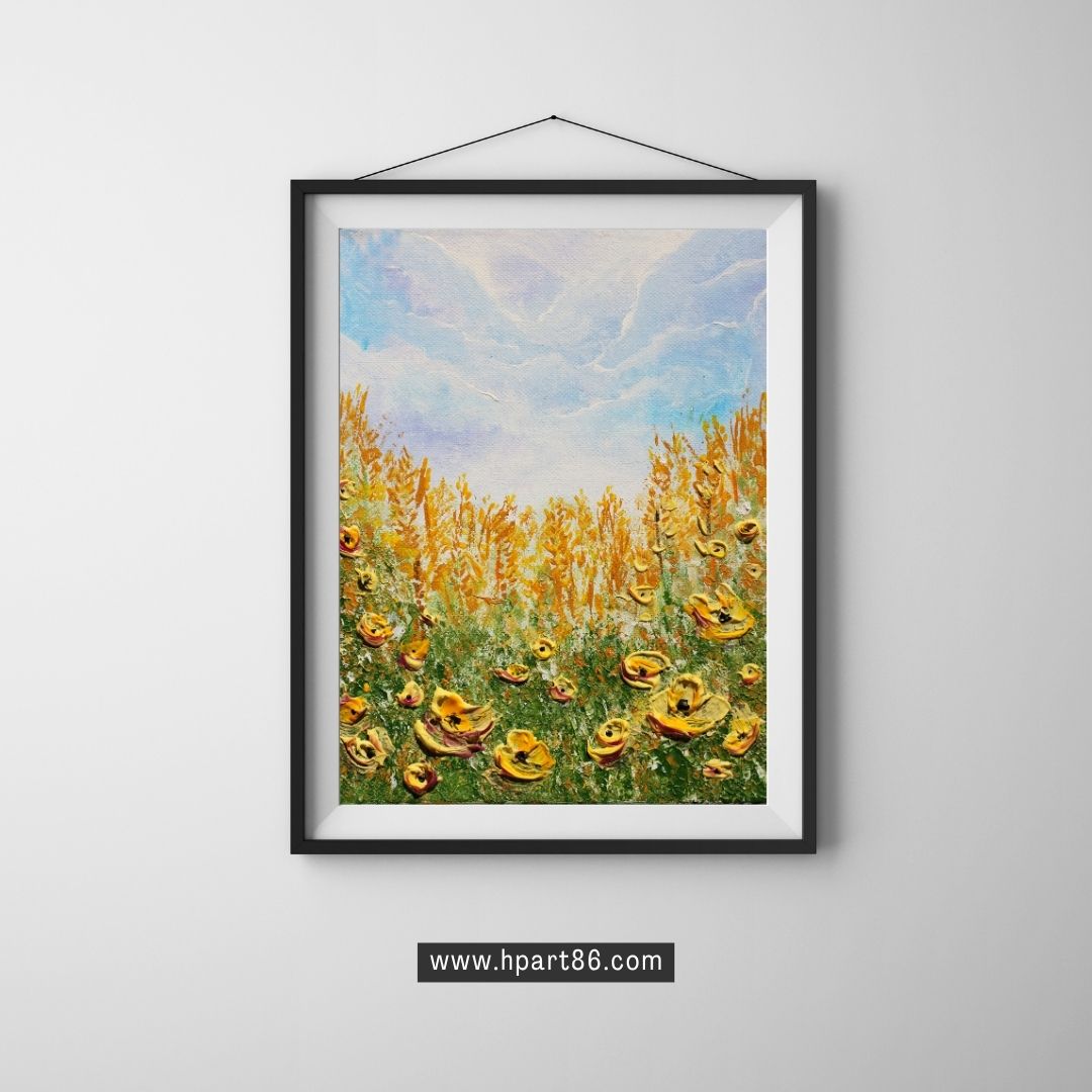 Framed 3D texture wildflower art print with blue sky and yellow blooms, black frame