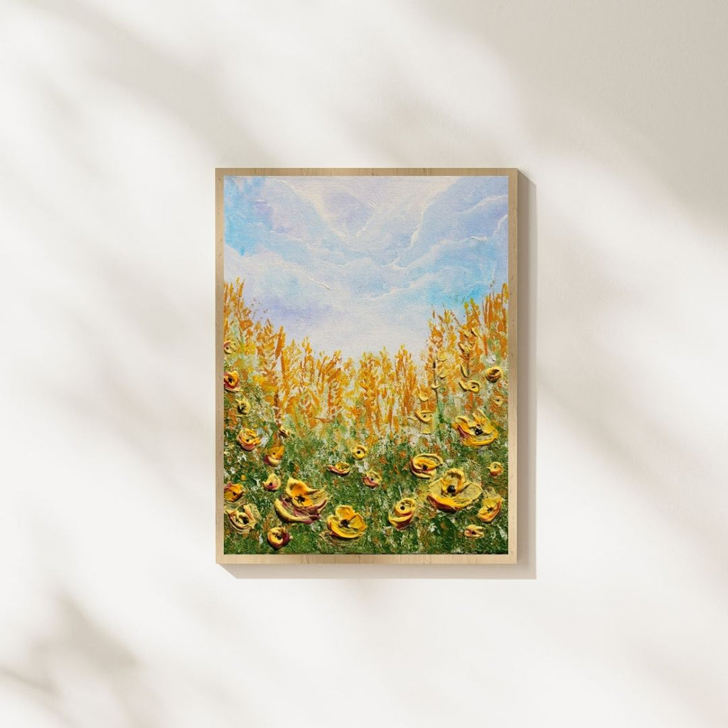 Framed 3D texture wildflower art print with blue sky and yellow blooms, natural wood frame