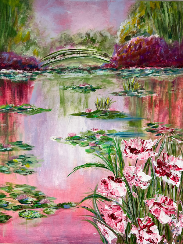 Colorful painting of a pond with water lilies and a small arched bridge