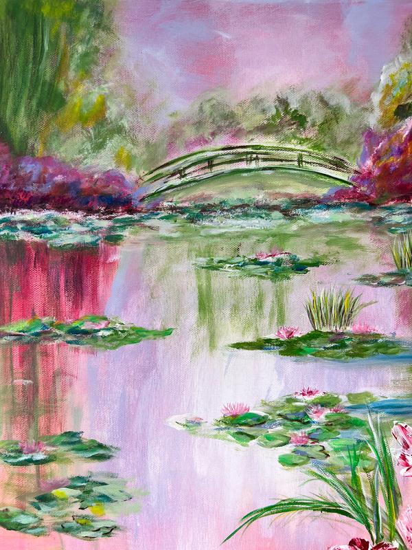 Colorful pond painting with an arched bridge, lily pads, and pink flowers