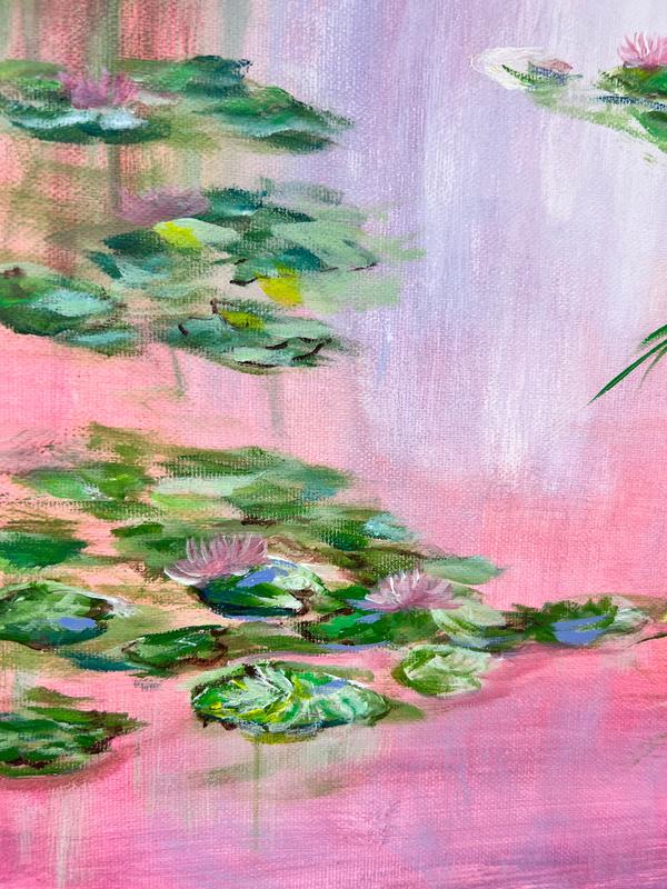 Abstract-style painting of water lilies and lily pads in a pink-toned pond