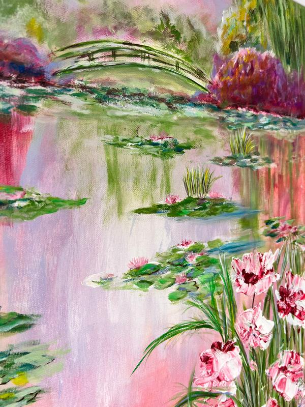 Landscape painting of a lily pond with floating leaves and an arched bridge