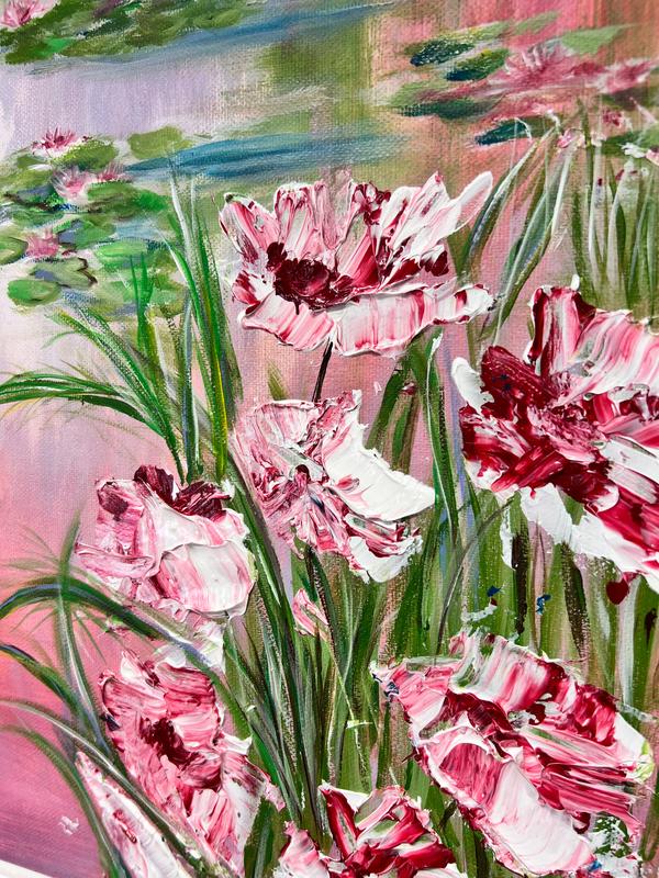 Close-up painting of pink blossoms and green reeds over a lily pond