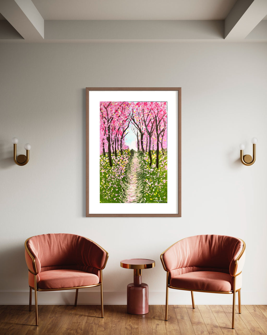 Framed cherry blossom textured painting on wall with two armchairs below
