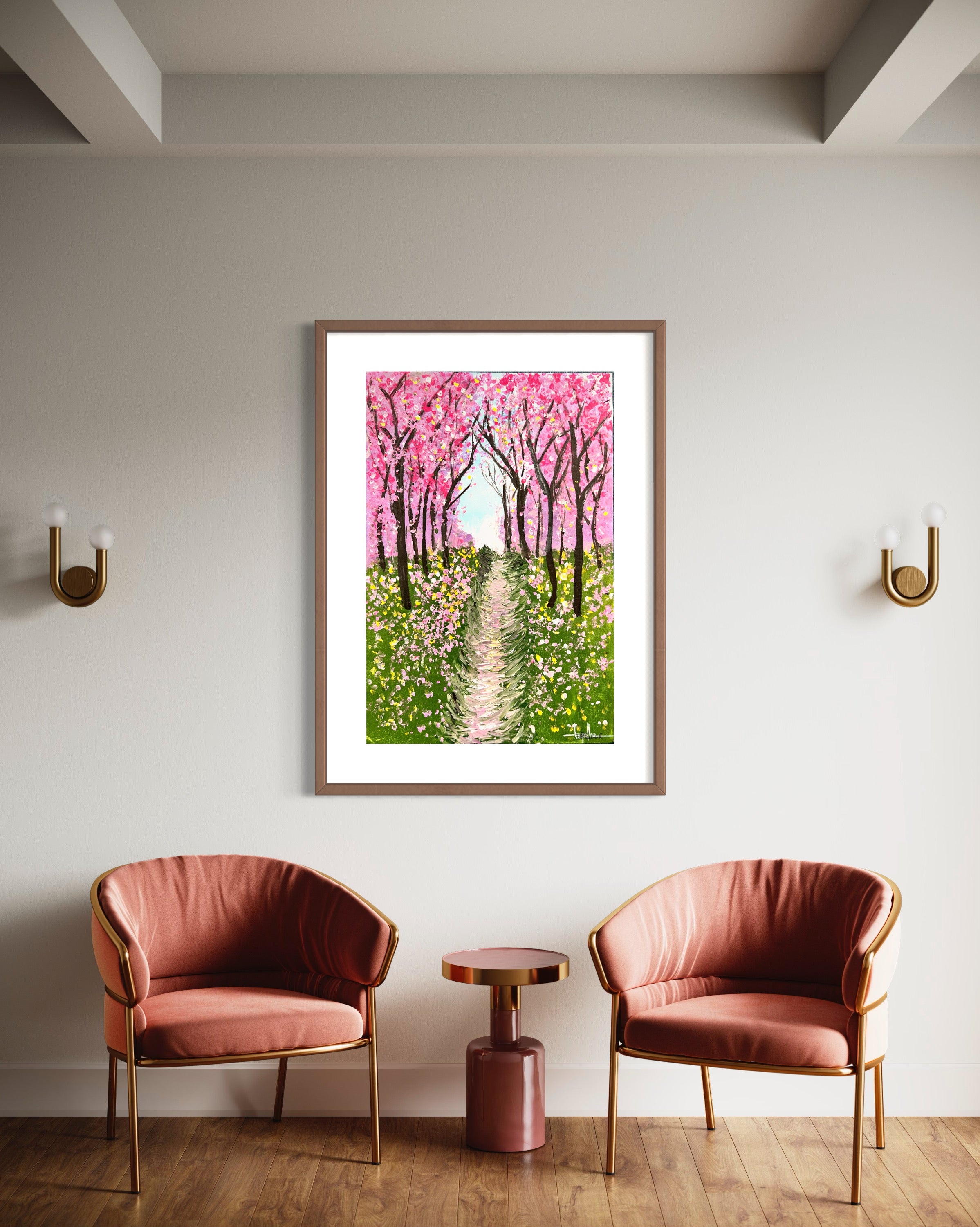 Framed cherry blossom textured painting on wall with two armchairs below